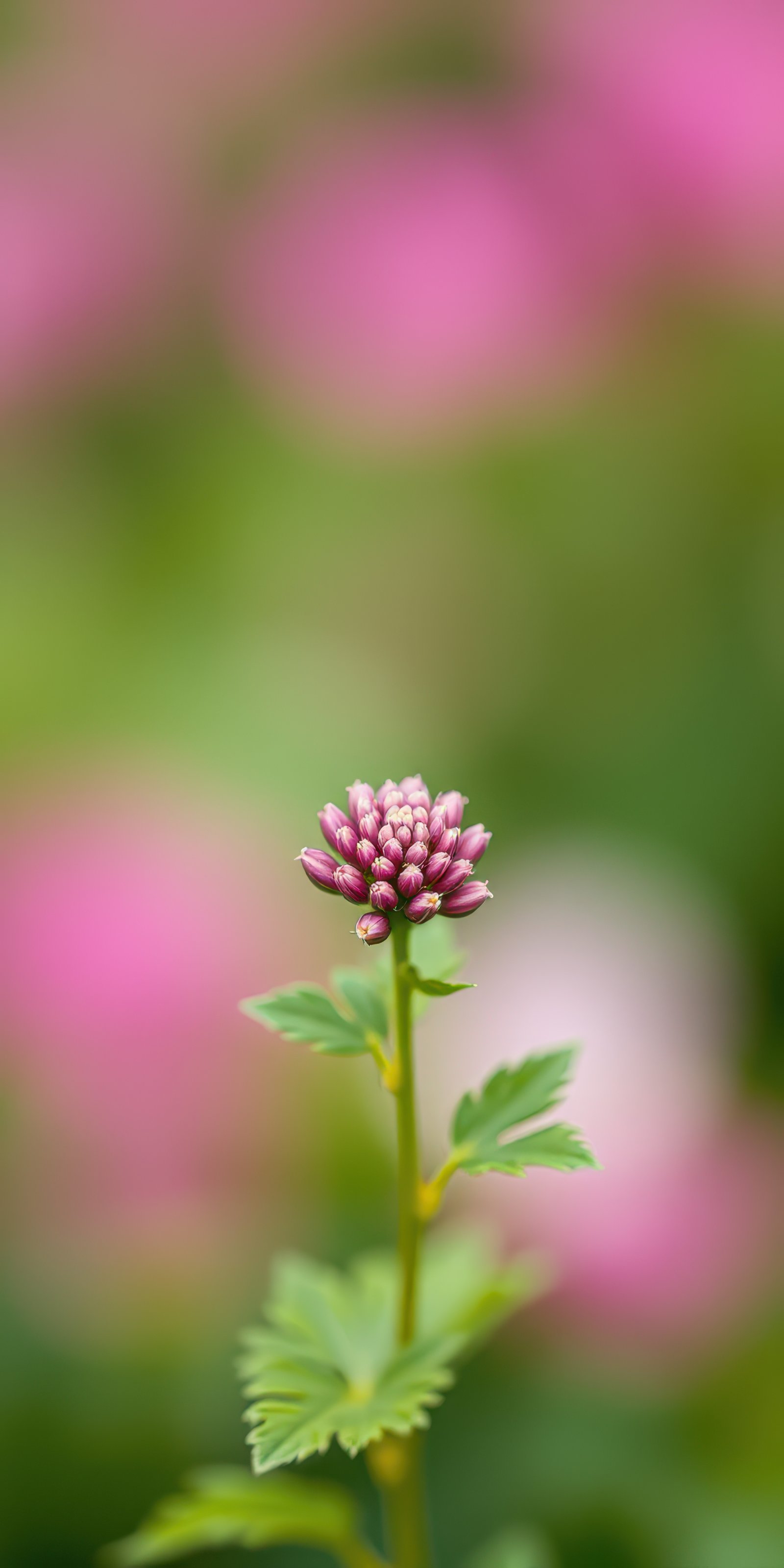 Delicate purple flower blooming in a vibrant garden filled with soft pink hues during springtime